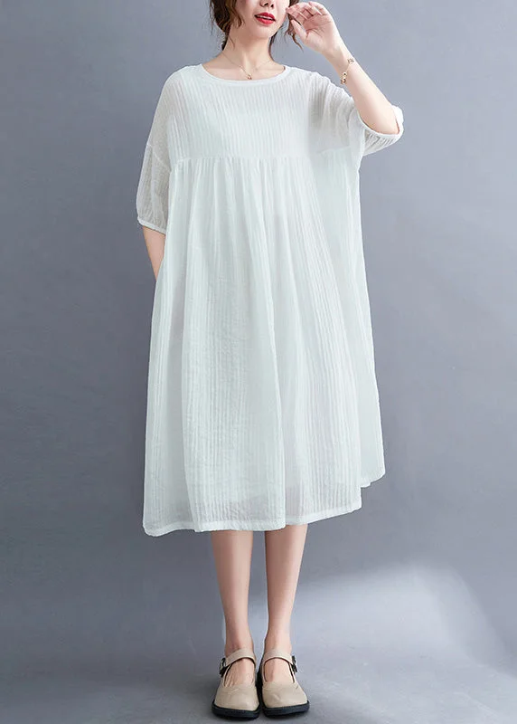 French White O-Neck Patchwork Maxi Dress Short Sleeve