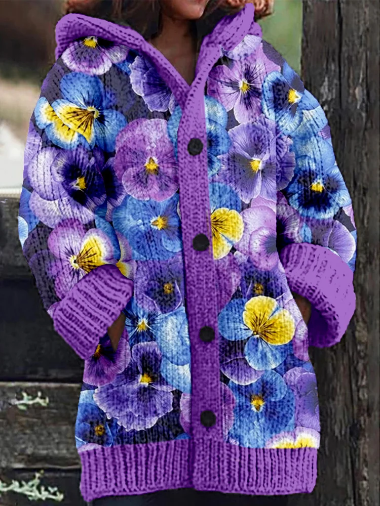 Pansy Flowers Art Pattern Cozy Hooded Cardigan