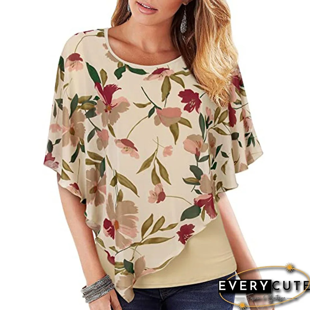 Apricot Floral Print Crew Neck Layered Tops