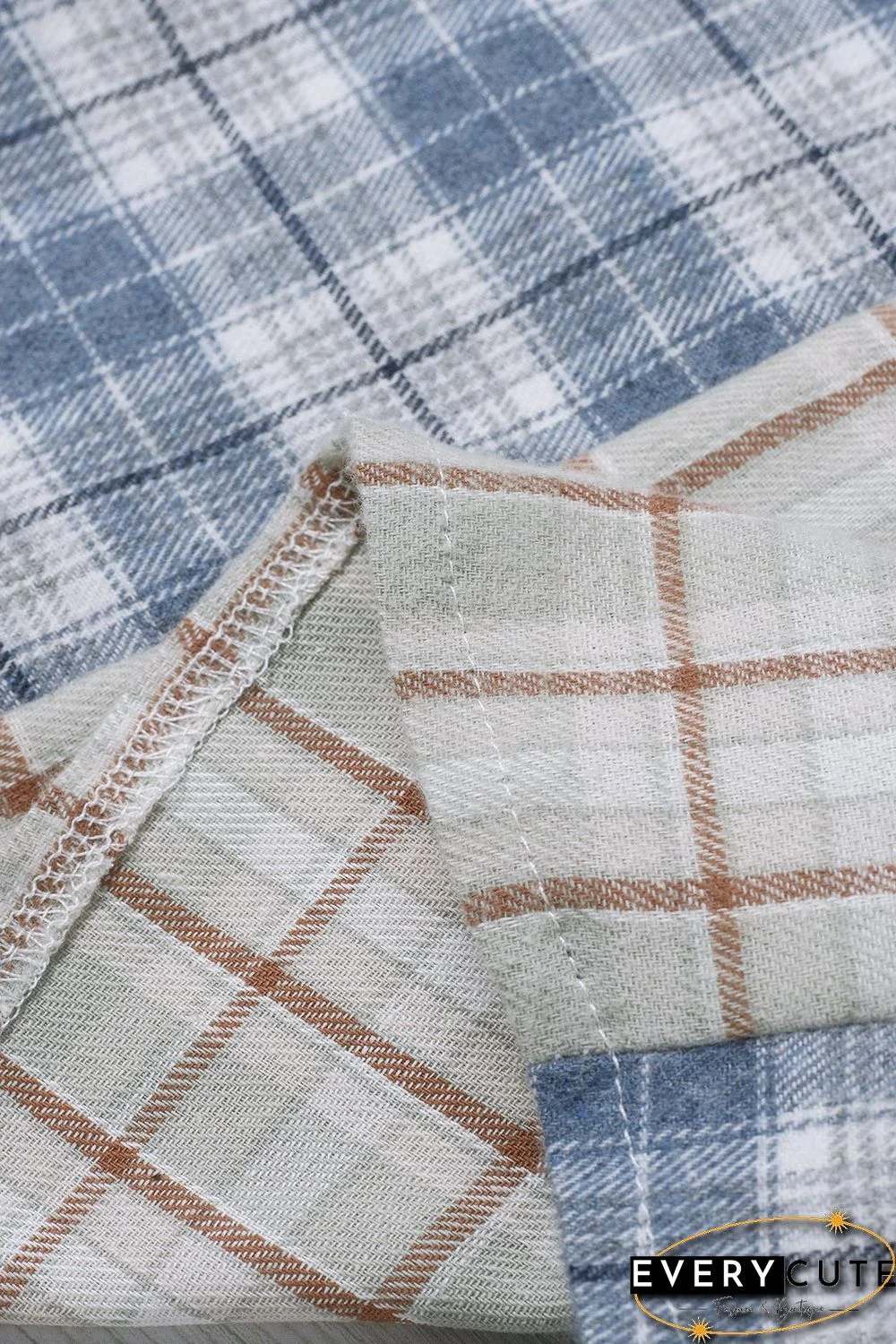 Sky Blue Plaid Color Block Pocket Button-up Long Sleeve Shirt