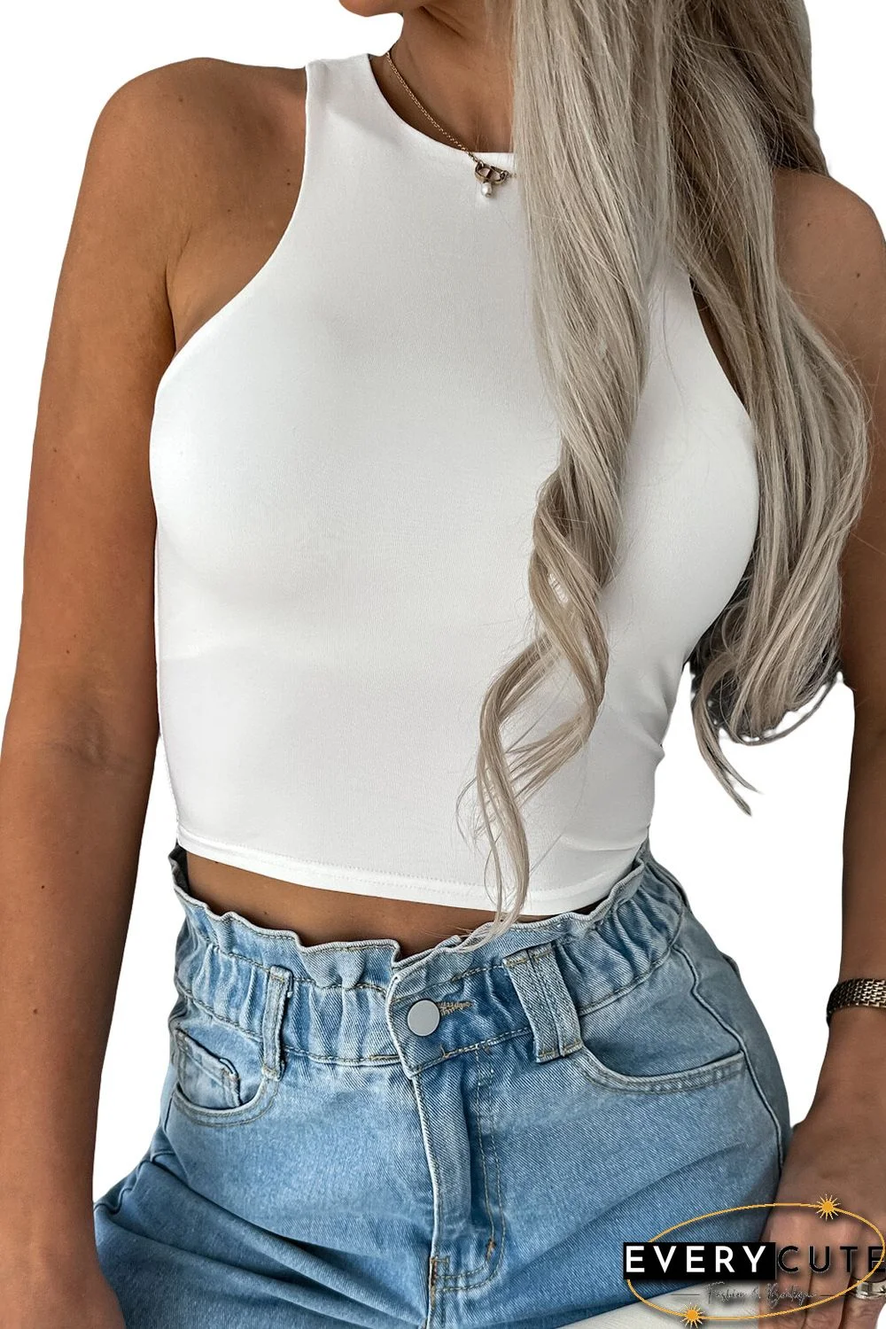 White Crew Neck Cropped Tank Top