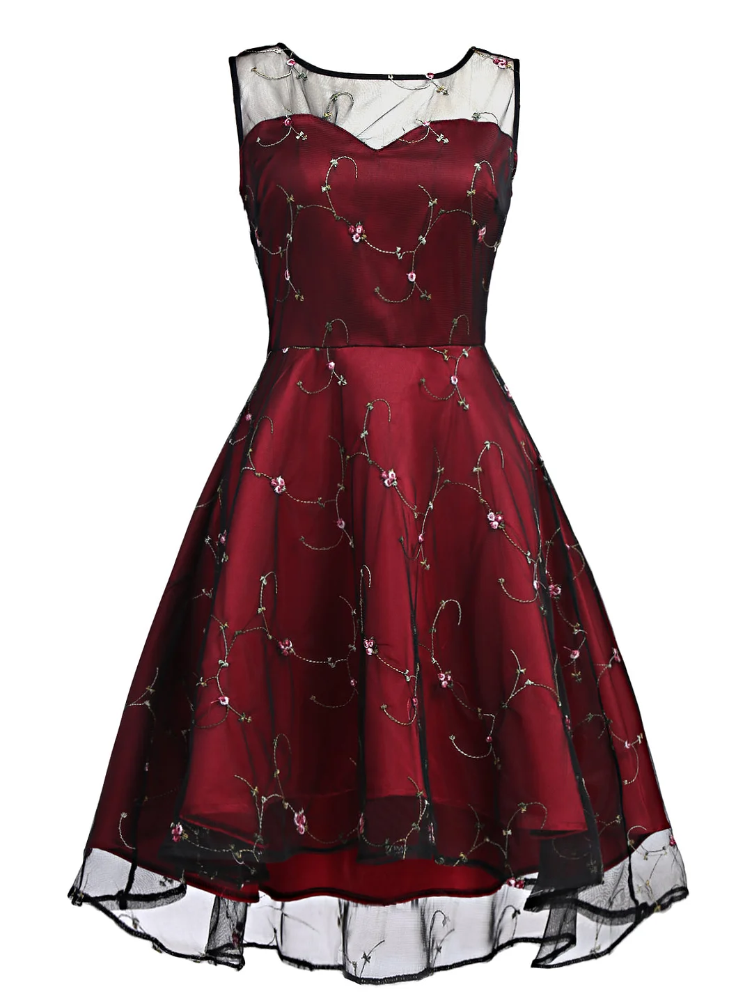Wine Red 1950s Mesh Hi-Lo Back Lace Up Dress
