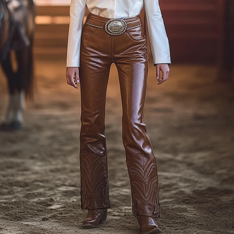 Ursime Western PU Leather Textured Straight Pants