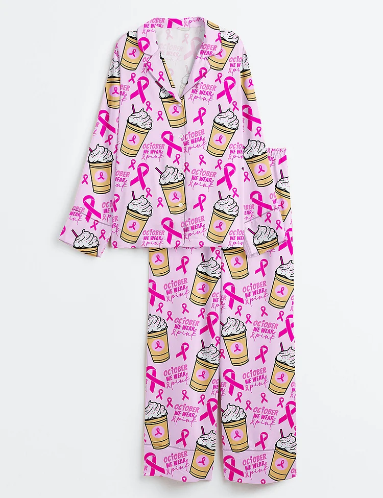 Women&rsquo;s Breast Cancer Coffee October We wear Pink Breast Cancer Awareness Pink Ribbon Print Long Sleeve Satin Pajama Set
