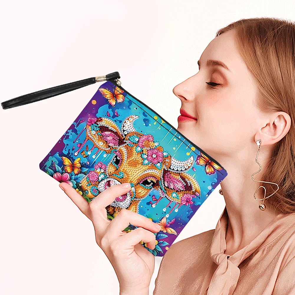DIY Flowers Cow PU Partial Special Shaped Diamond Painting Wallet Makeup Bag
