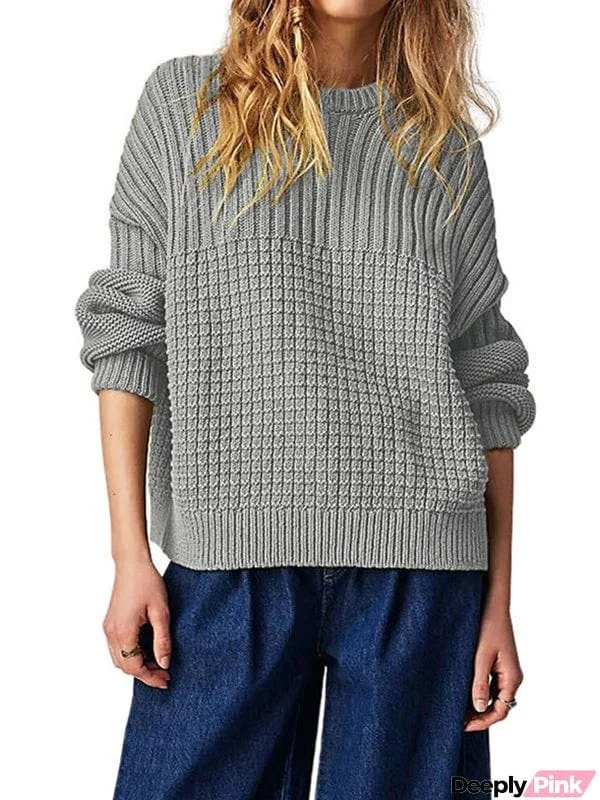 Long Sleeves Loose Solid Color Round-Neck Pullovers Sweater Tops