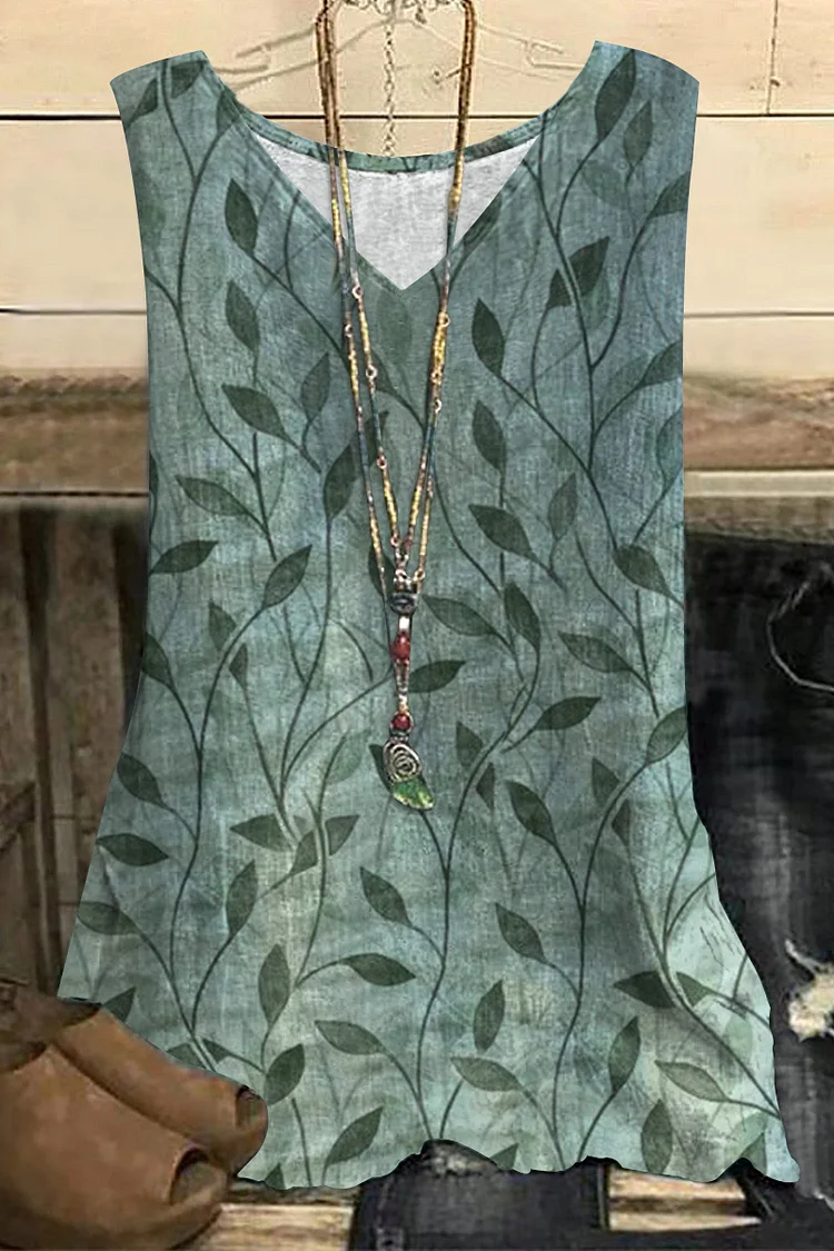 Flycurvy Plus Size Casual Green Linen Leaf Print Tank Top  Flycurvy [product_label]