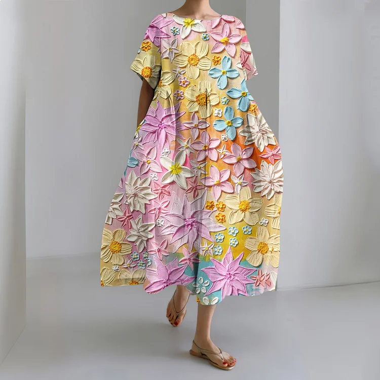 Art Flower Print Short Sleeve Midi Dress
