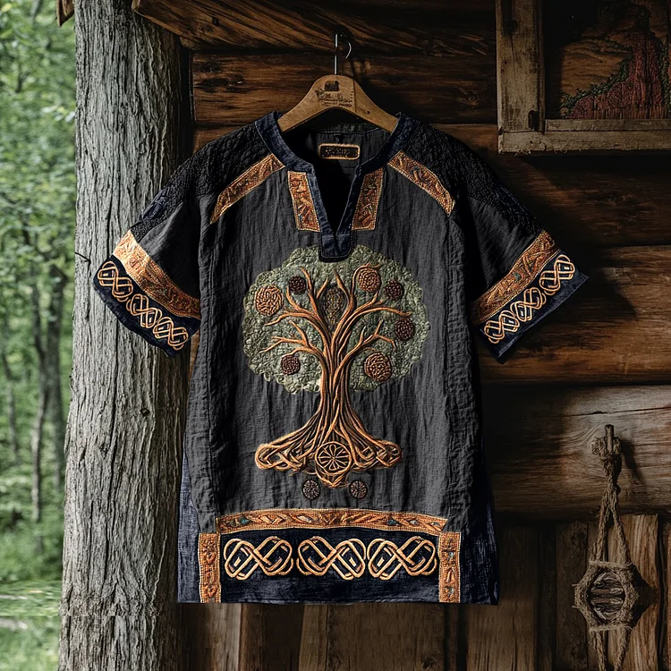 Men's Viking Tree Of Life Tribal Celtic Patchwork Art Linen Shirt