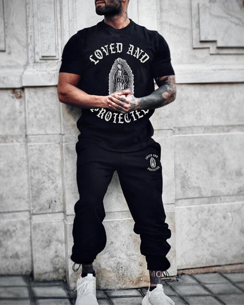 Men's Fashion Print Simple Black T-shirt