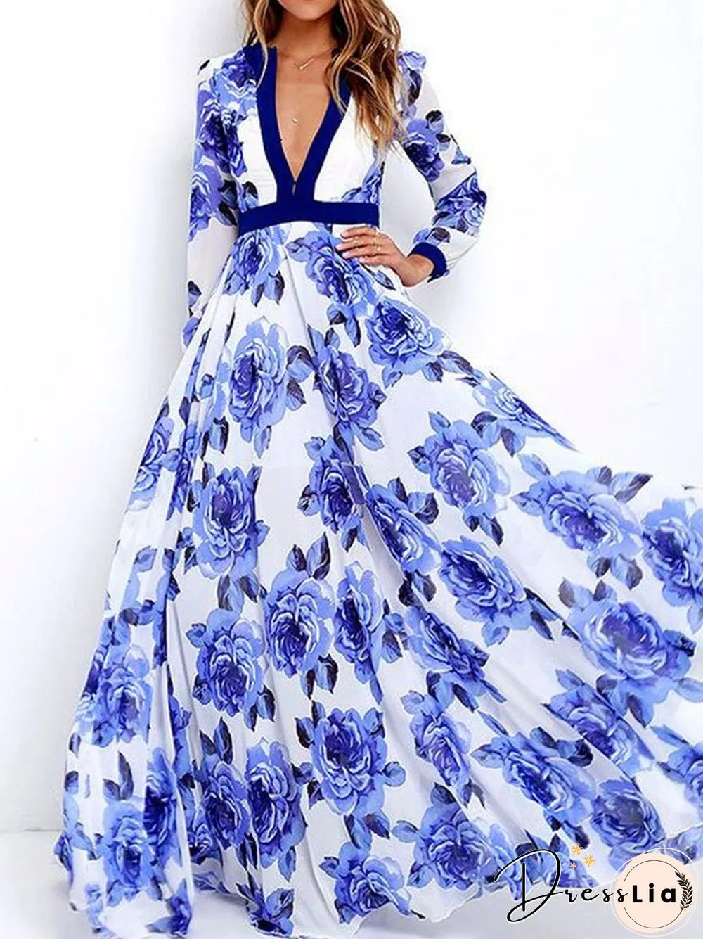 Women'S Dresses Printed Deep V Long Sleeve Swing Dress