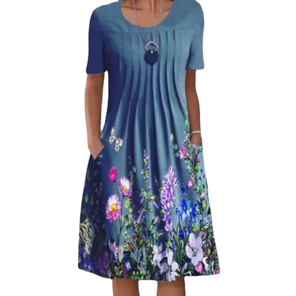 Uveng Floral Print Round Neck Pocket Mid-length Dresses