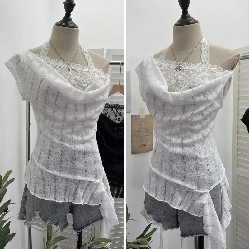 Nigikala Nigikala Shooting Lace Splicing Collar Hanging Neck-Sleet T-Shirt Woman Xia Repair Short Irregular Drifting Clothes 9580