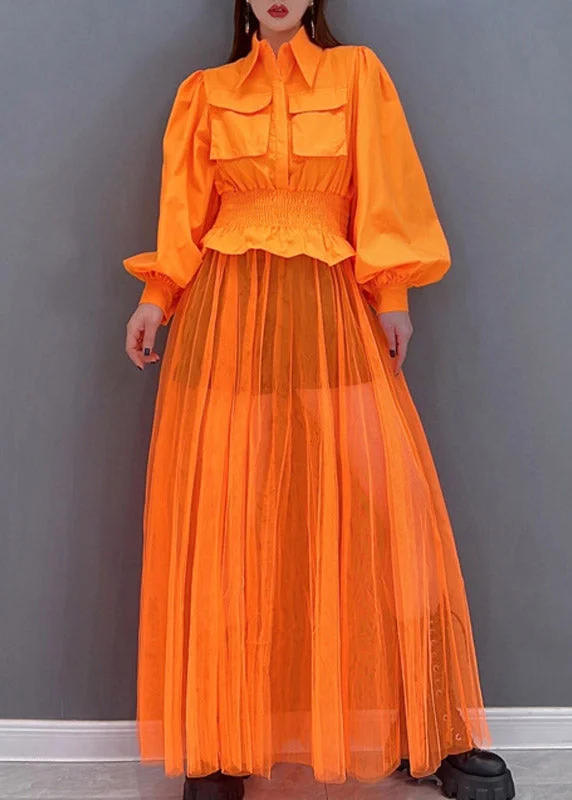 Beautiful Orange Peter Pan Collar Elastic Waist Pocket Tulle Patchwork Shirt Dress lantern sleeve