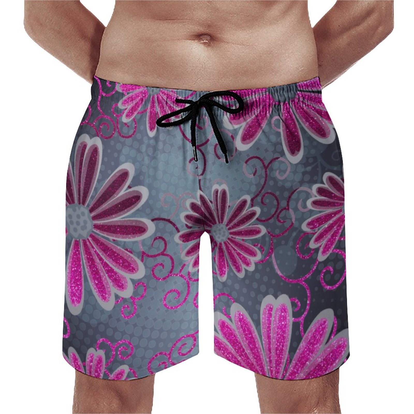 Hot Pink Black Grey Ombre Glitter Daisy Sparkles Elegant Men's Swim Trunks Summer Board Shorts Quick Dry Beach Short with Pockets