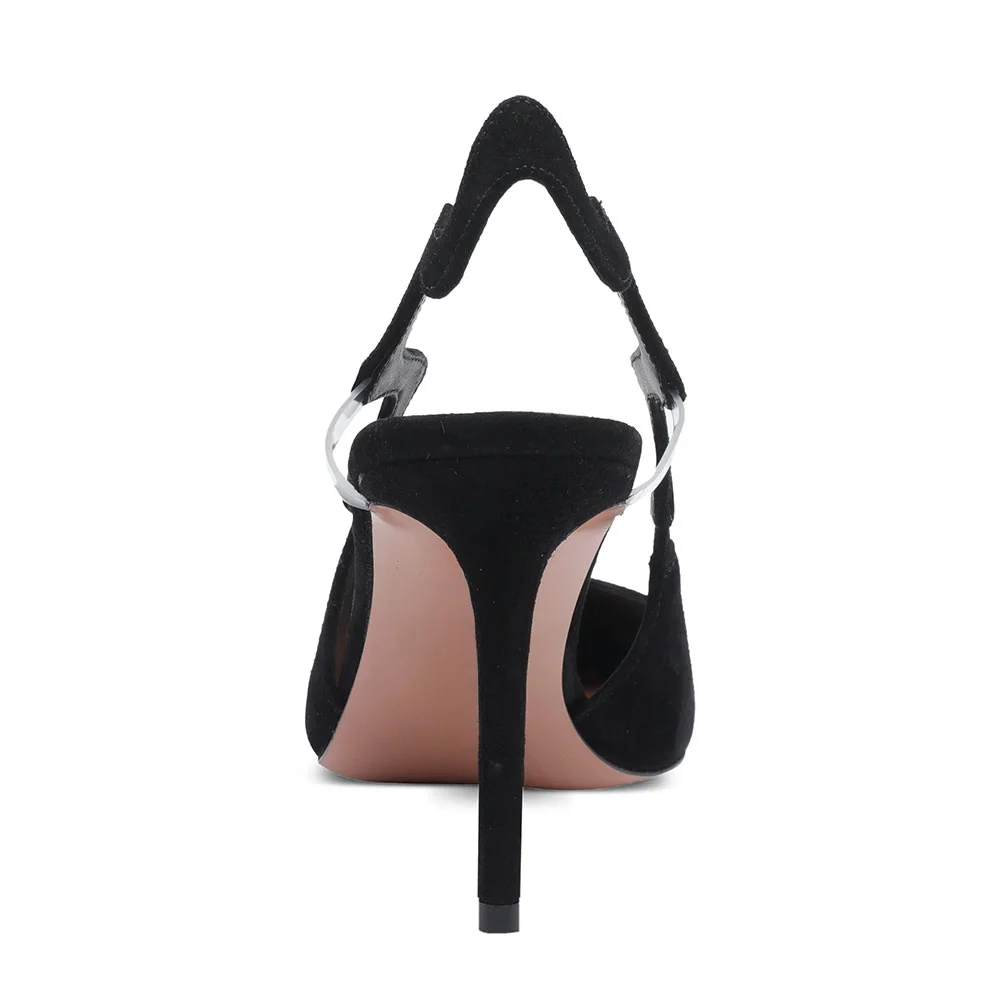 Pointed Toe Stiletto Heel Wave Slingback Strap Cut Out Black Pumps