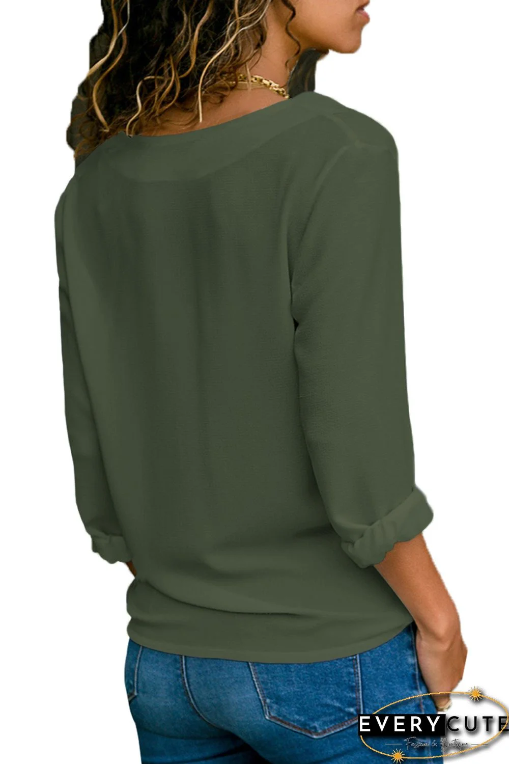 Olive Green Lapel V Neck Button Down Blouse
