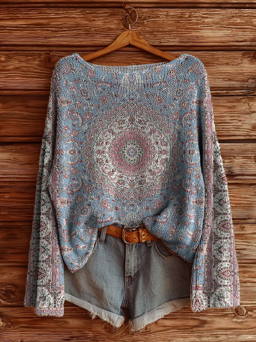 Women's Vintage Ethnic Floral Tattoo Pattern Art Print Casual Pullover Sweater