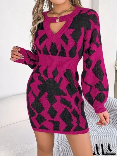 Contrast Round Neck Cutout Long Sleeve Mini Sweater Dress