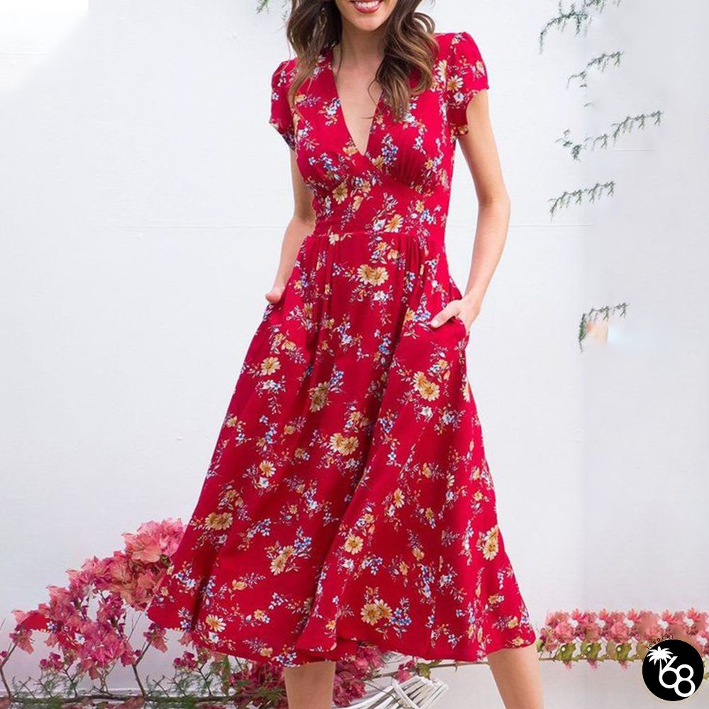 Showy Short Sleeve Red Midi Dress | 168DEAL