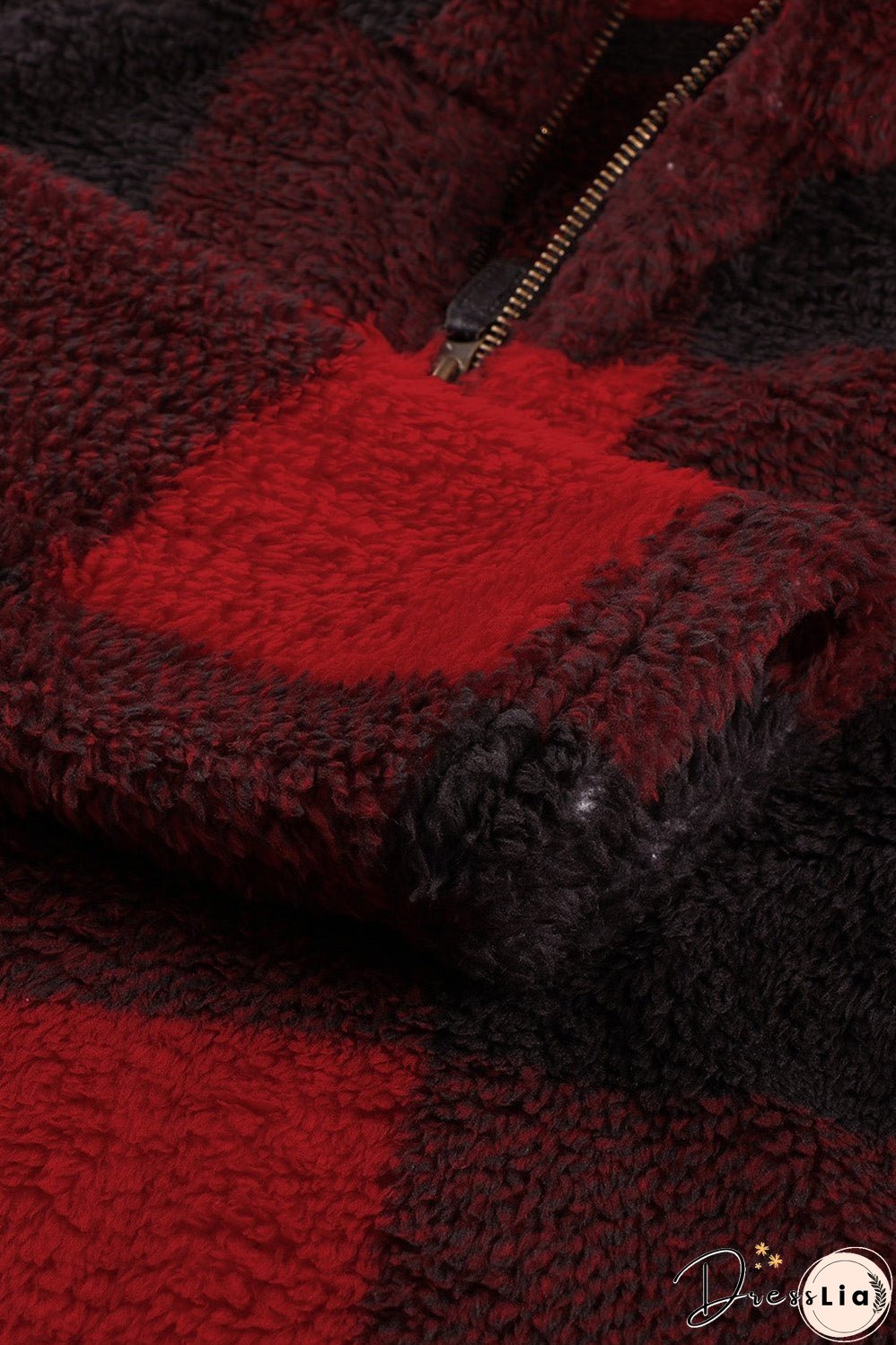 Women's Winter Red Plaid Zip Collar Plush Pullover Sweatshirt