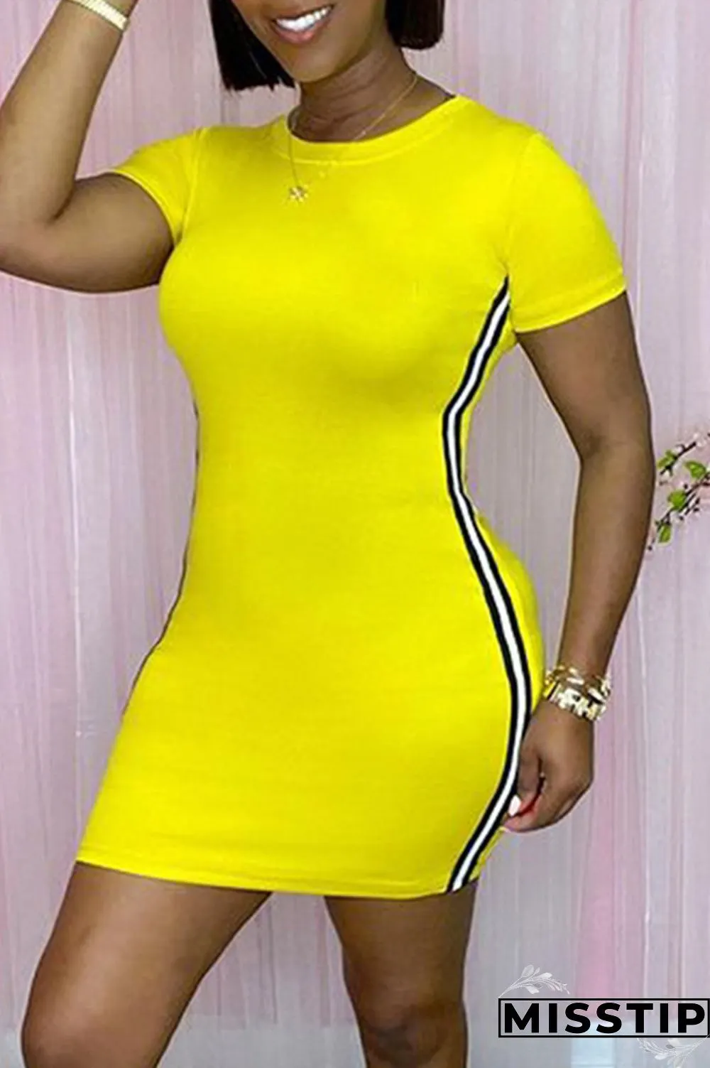Pink Fashion Casual Solid Patchwork O Neck Short Sleeve Dress