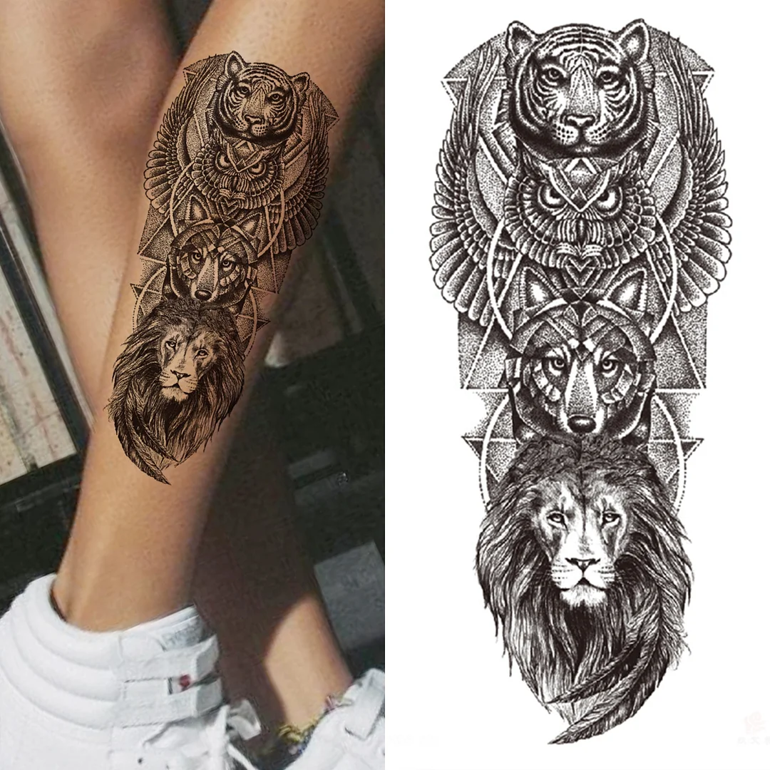 Sdrawing Wolf Temporary Tattoos For Men Women Adult Fake Lion Tattoo Sticker Tiger Black Tribal Body Art Drawings Tatoos Arm