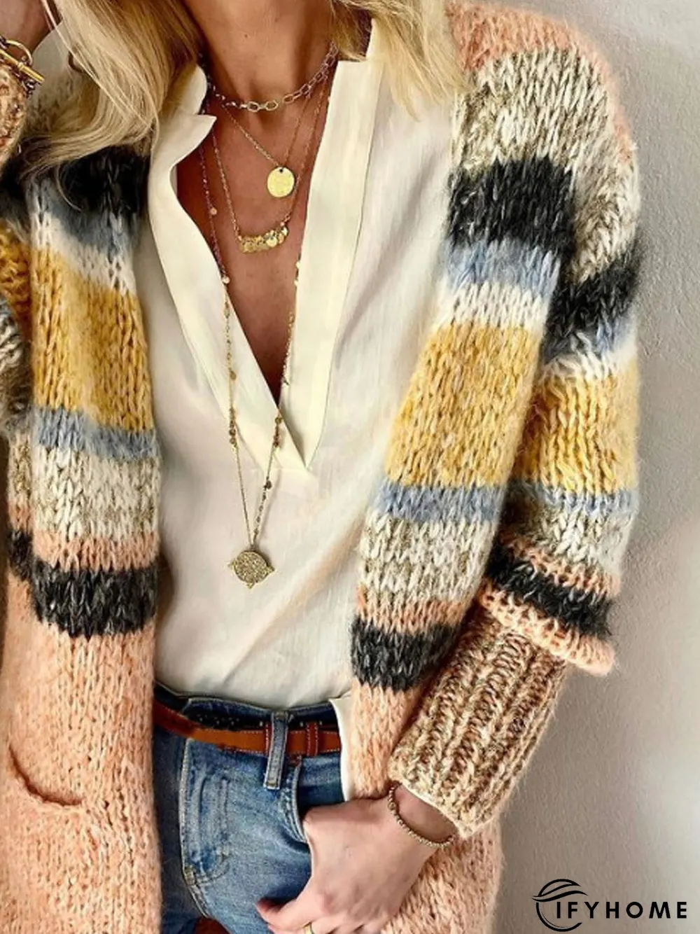 Women Casual Color Block Winter Heavyweight Daily Loose Long sleeve WoolKnitting Mid-long | IFYHOME
