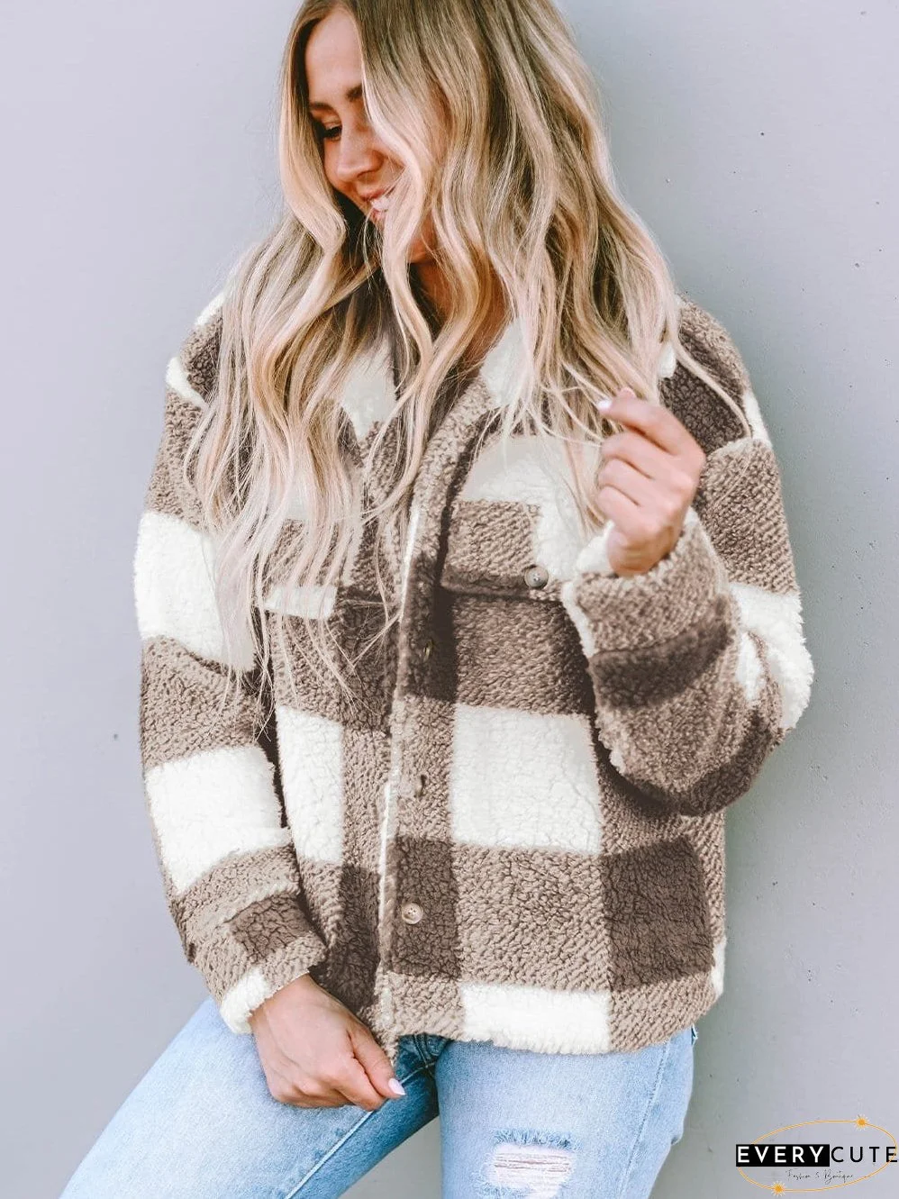 Brown and White Plaid Sherpa Coat