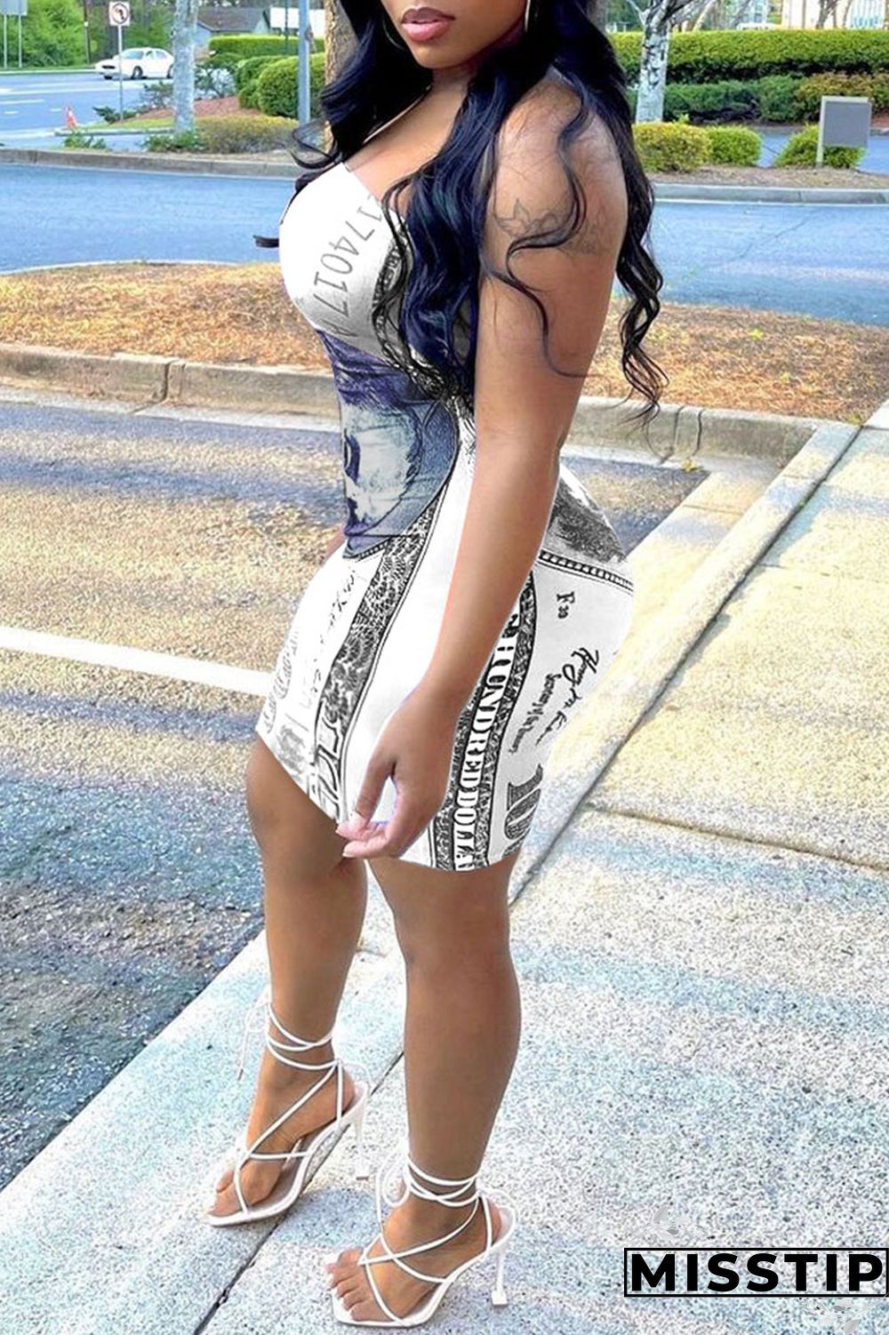 Orange Sexy Print Patchwork Strapless Sheath Dresses