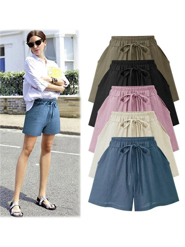 solid color simple cotton linen ladies shorts
