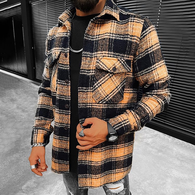 BrosWear Men's Fashion Plaid Print Front Pocket Casual Outdoor Jacket yellow