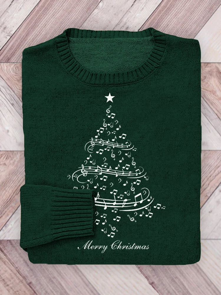 Merry Christmas Notes Christmas Tree Print Cozy Knit Sweater