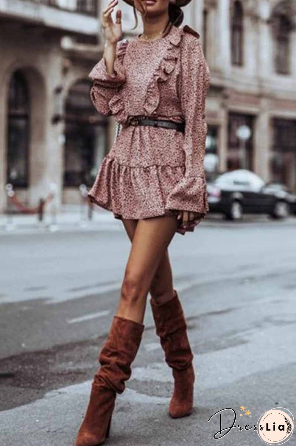 Ruffle Print Long Sleeves Mini Dress