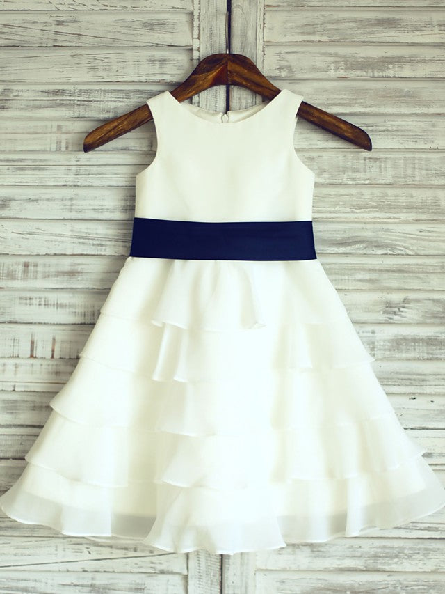 Oknass A-Line Sleeveless Scoop Neck Flower Girl Dress Satin With Sash Ribbon