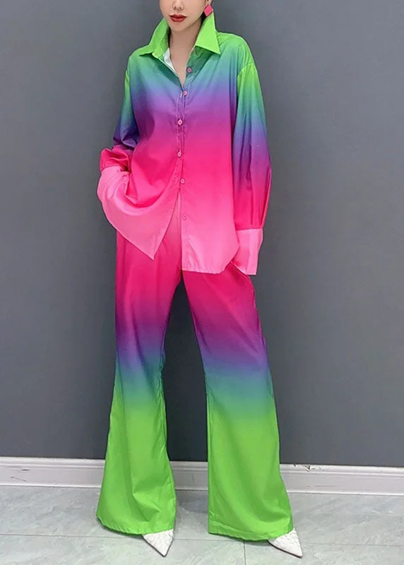 Casual Gradient Color Button Shirts And Wide Leg Pants Two Piece Set Long Sleeve