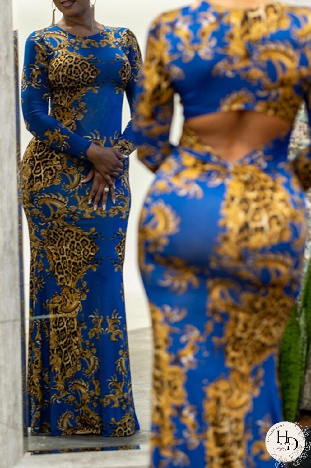 Black Fashion Sexy Print Hollowed Out O Neck Long Sleeve Dresses