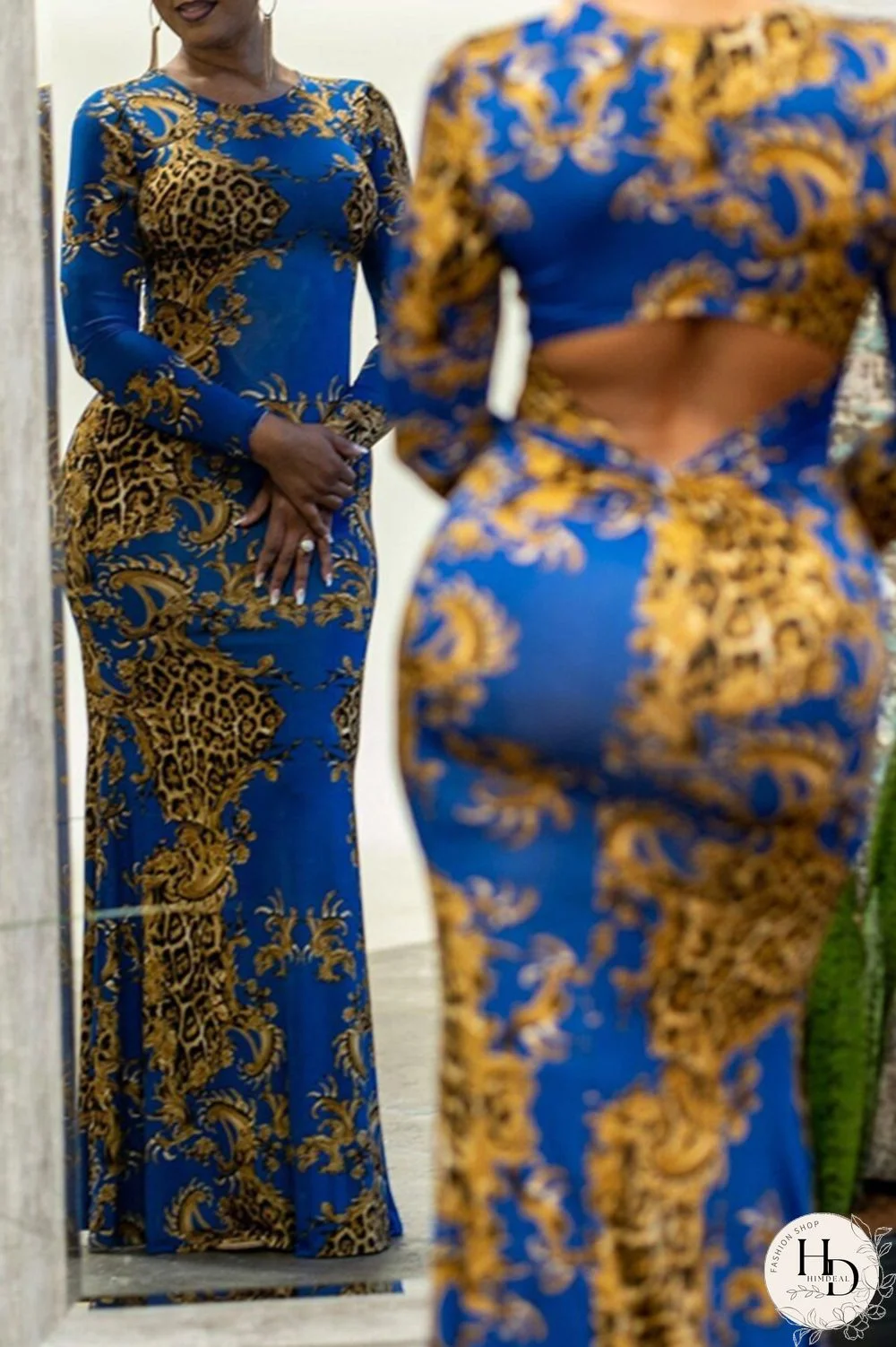 Black Fashion Sexy Print Hollowed Out O Neck Long Sleeve Dresses