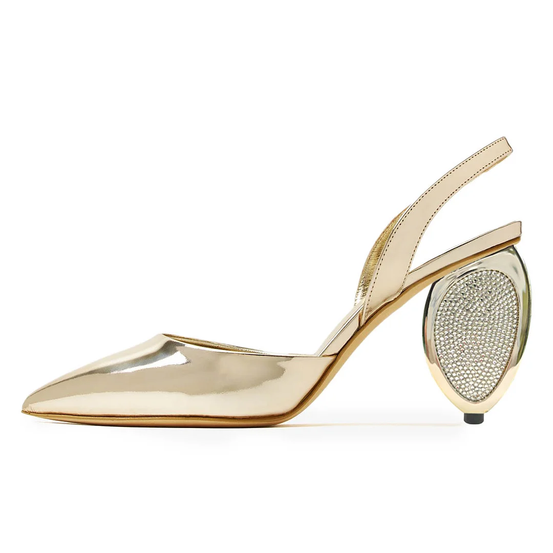 Special Rhinestone Pointed Toe Decorative Heel Slingback Gold Pumps