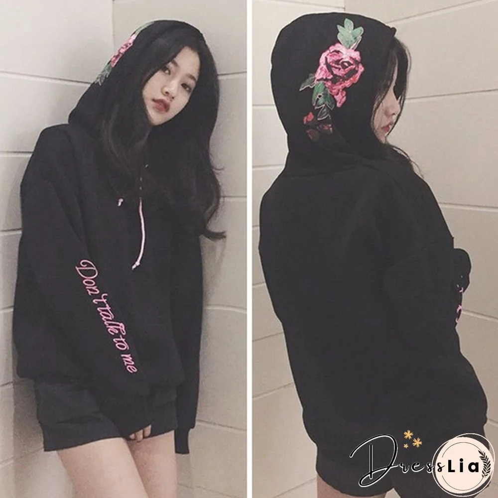 Women Plus Size Street Style Long Sleeve Pullover Sweatshirts Hooded Harajuku Coat Letter Embroidered Rose Hoodie Autumn and Winter Lace Up Tops