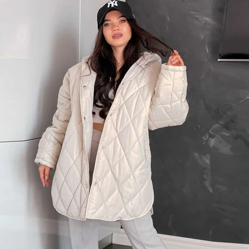 2023 Winter Oversize Vintage Plaid Hooded Parka Coat Women Casual Pockets Cotton Jacket Outwear Loose Long Overcoats Female