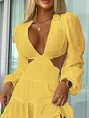 Solid Color Deep V-Neck Belly-Hollow Lace-Up Casual Mini Dress
