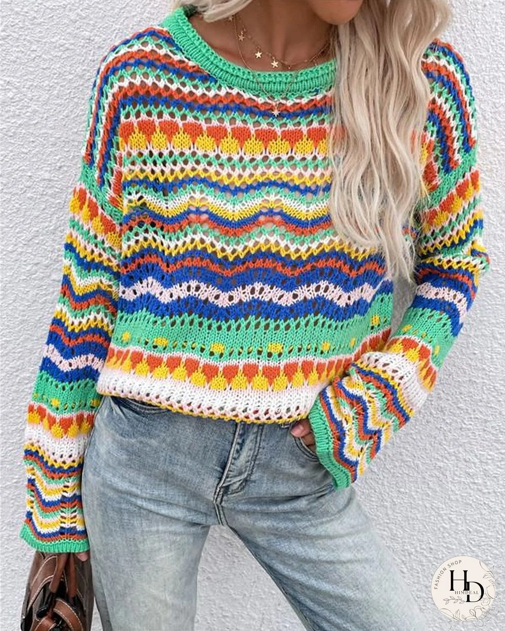 Patchwork sweater loose inter-color rainbow round neck striped sweater