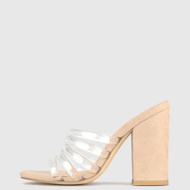 TAAFO Clear Nude Narrow Band Women's Sandals High Chunky Heels Open Square Toe Slippers Ladies Shoes