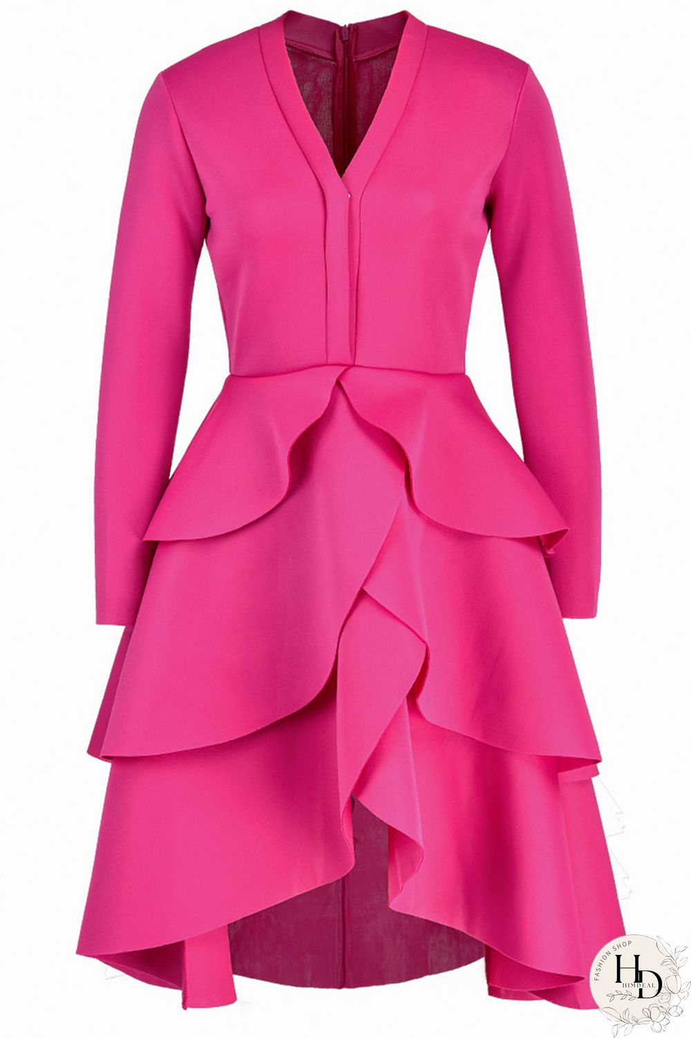 rose red Casual Solid Flounce V Neck Dresses