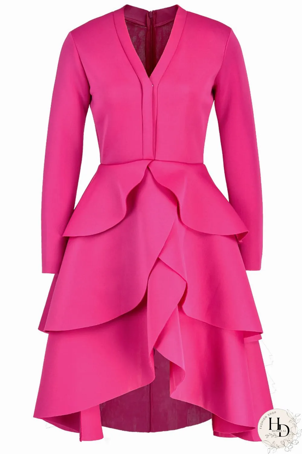 rose red Casual Solid Flounce V Neck Dresses