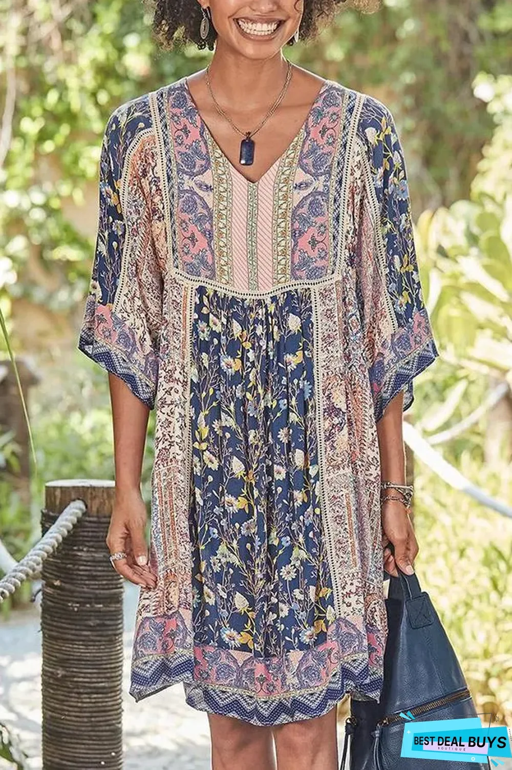 Bohemian Floral Print V-neck Half Sleeves Holiday Midi Dress