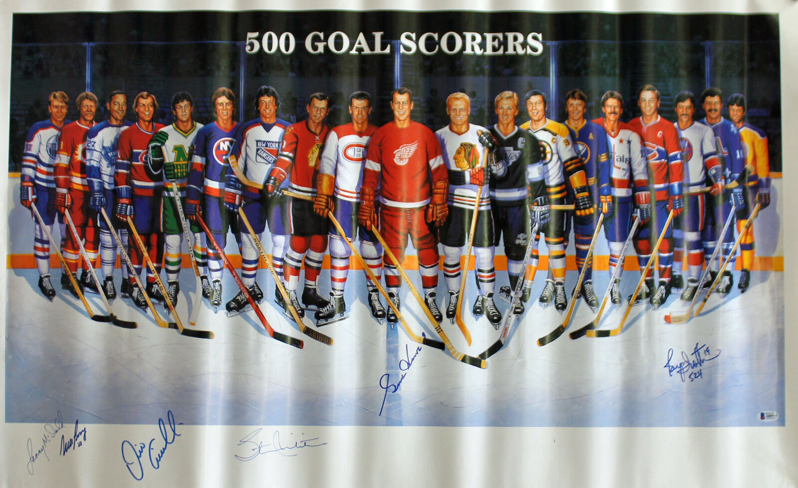 500 Goal Scorers (6) Howe, Bossy, Trottier +3 Signed 22.75x37 Poster BAS #A80979