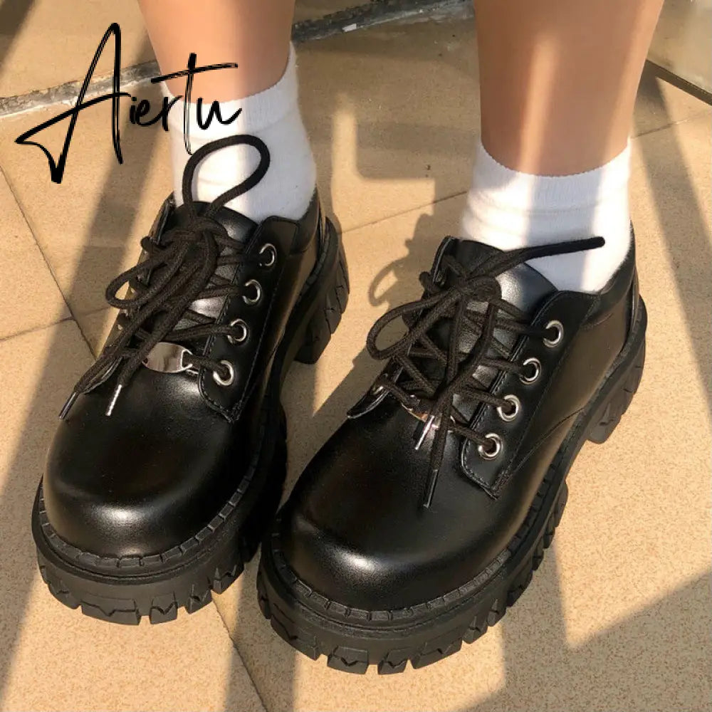 Aiertu  Black Vintage Shoes Women autumn Fashion Comfortable Lace Up Platform Oxford Loafers Casual Boat Shoes Lolita Shoes Platform Aiertu
