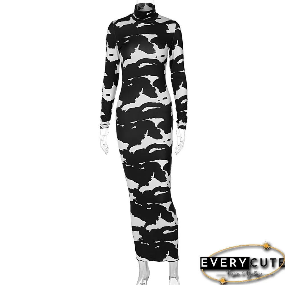 Womens Fashion Autumn Long-Sleeve Printed Bodycon Pencil Dress Streetwear Fall Clothes